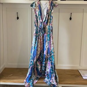 Olivaceous tie front maxi dress with ruffled hem